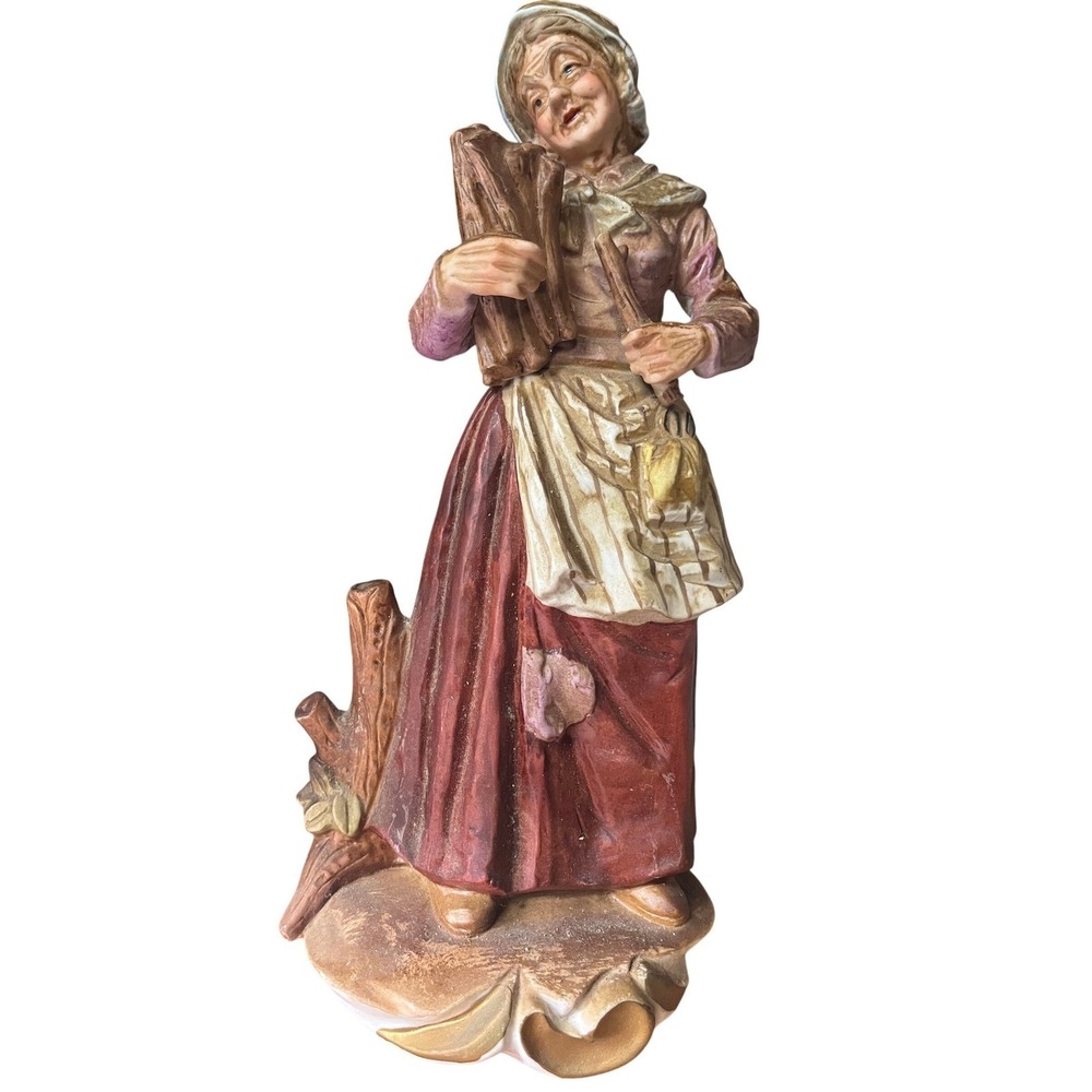 Vintage Old Woman‎ Carrying Wood Figurine Ceramic Art Decor Tabletop Sculpture